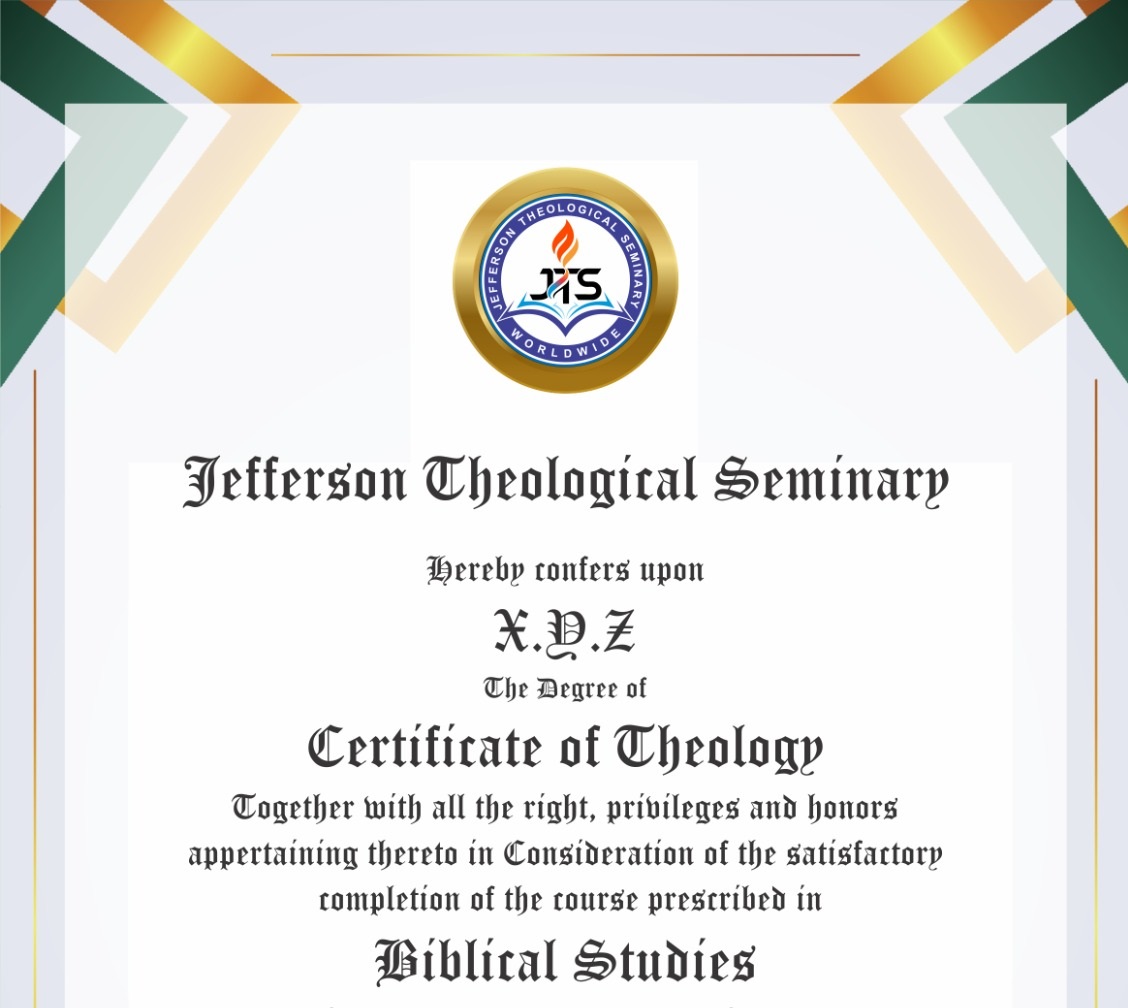 Certificate of Theology – Jefferson Theological Seminary